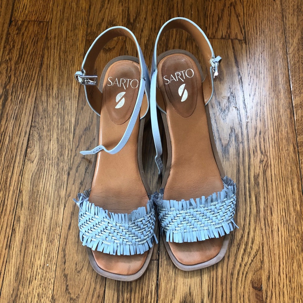 Light Blue Franco Sarto Leather Fringe Block Heels